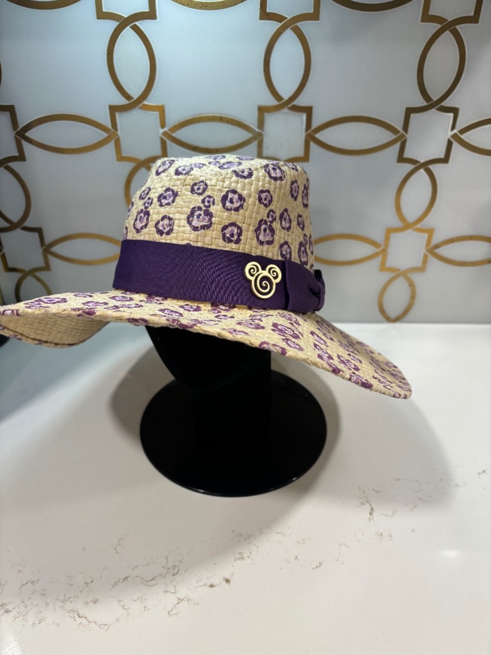 Disney Parks Women's Straw Hat Wide Brim with Purple Flower leopard print